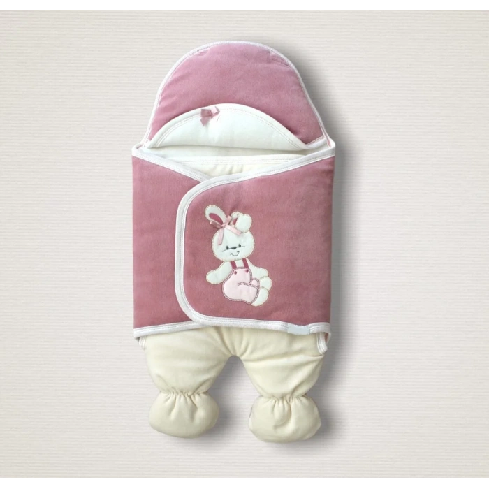Yenidoğan Kadife Kumaş Ayıcık Nakışlı Şapkalı Kız Erkek Bebek Ayaklı Kundak Bebek Battaniyesi Gül Kurusu
