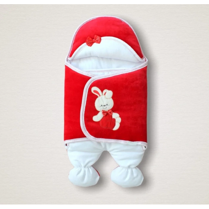 Yenidoğan Kadife Kumaş Ayıcık Nakışlı Şapkalı Kız Erkek Bebek Ayaklı Kundak Bebek Battaniyesi Kırmızı
