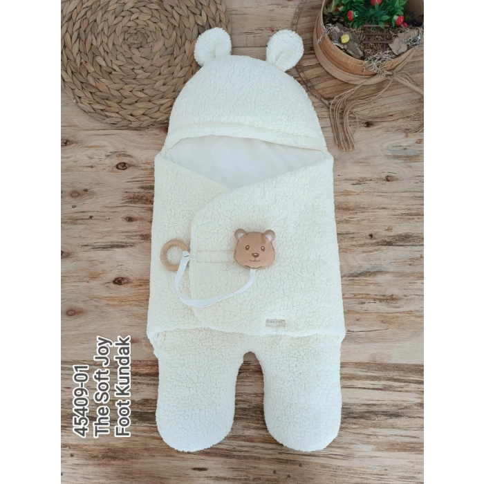 Yenidoğan Kulaklı Şapkalı Açılır Kucaklı Cırt Kapamalı Ayaklı Bebek Battaniyesi Kundak Krem