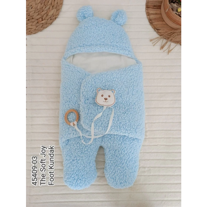 Yenidoğan Kulaklı Şapkalı Açılır Kucaklı Cırt Kapamalı Ayaklı Bebek Battaniyesi Kundak Mavi