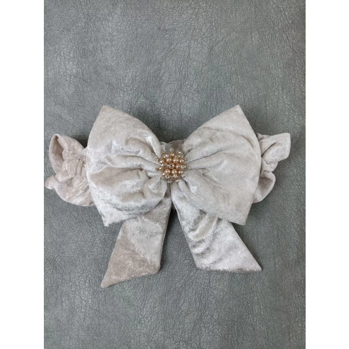 Yenidoğan Saray Kadife Taç Nakışlı İnci Fiyonklu Çift Dantel Duvak Trilüks Kundak Bebek Battaniyesi Vizon,gold