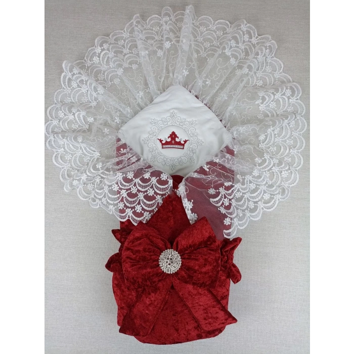 Yenidoğan Saray Kadife Taç Nakışlı İnci Fiyonklu Dantel Duvak Trilüks Kundak Bebek Battaniye Bordo