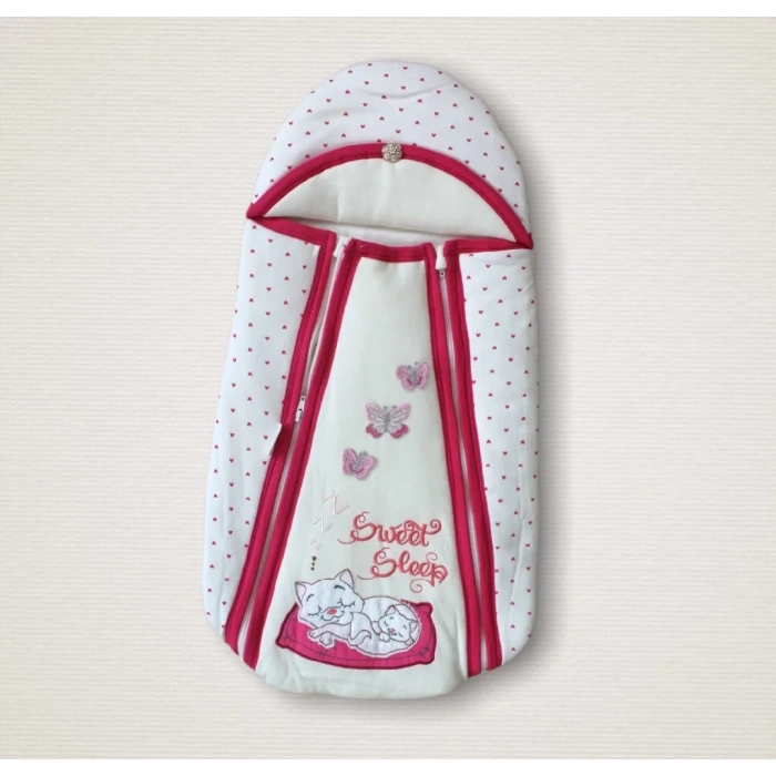 Yenidoğan Sevimli Uykucu Kedi Nakışlı Şapkalı Çift Fermuarlı Kız Bebek Kundak Bebek Battaniyesi Pembe