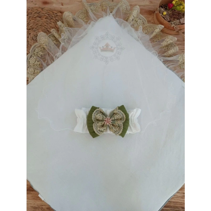 Yenidoğan Teri Cotton Taç Nakışlı Prizma Taş Kundak Bebek Battaniyesi Yeşil