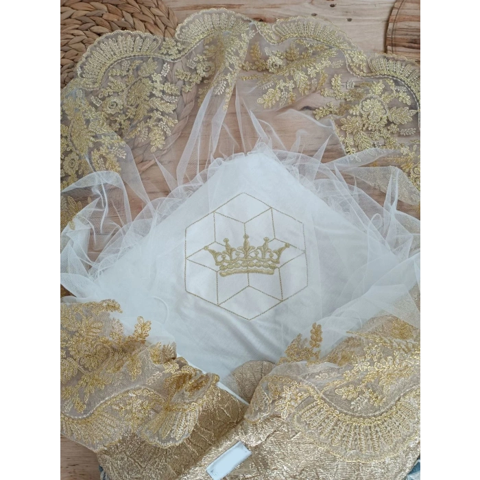 Yenidoğan Ultralüks Piramit Desenli Güpürlü Bebek Battaniyesi Kundak Gold