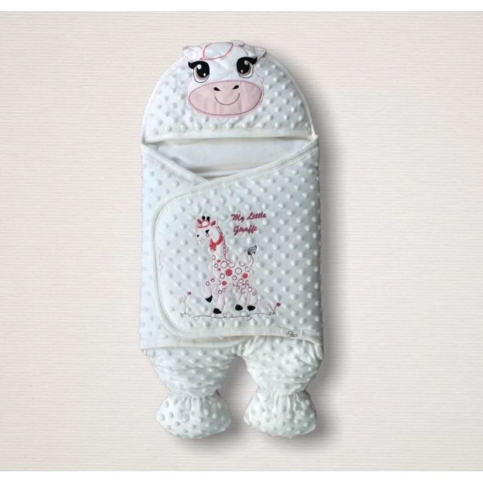 Yenidoğan Zürafa Nakışlı Şapkalı Kız Erkek Bebek Ayaklı Kundak Bebek Battaniyesi Pembe