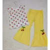1-2-3-4 Yaş Kiraz Baskılı Tişört İspanyol Paçalı Likralı 2li Kız Çocuk Takımı Sarı