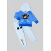 2,3,4 Yaş Pelüş Ayı Desenli Kapşonlu Uzun Kollu Penye Sweat 2li Erkek Çocuk Takımı İndigo