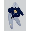 2,3,4 Yaş Pelüş Ayı Desenli Kapşonlu Uzun Kollu Penye Sweat 2li Erkek Çocuk Takımı Lacivert