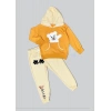2,3,4 Yaş Pelüş Ayı Desenli Kapşonlu Uzun Kollu Penye Sweat 2li Erkek Çocuk Takımı Turuncu