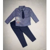 3-4-5 Yaş Kravatlı Keten Gömlek Gabardin Pantolon Uzun Kollu 3lü Erkek Çocuk Takımı Lacivert