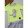 3-6 6-9 9-12 Ay Minik Dino Nakışlı Şapkalı Uzun Kollu Sweat 3lü Kız-erkek Bebek Takımı Yeşil