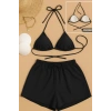 Kadın 3lü Set Siyah Şortlu Ve Yandan Bağlamalı Bikini Mayo Takımı