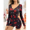 Pamuklu Kırmızı Ruj Desenli Düğmeli Uzun Kol Tulum Pijama