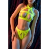 Under Moda Kadın Fantazi Seksi Neon Sarı Bant Detaylı İç Giyim Takımı, Fetiş Tarz İki Parça Transparan Set