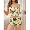 Under Moda Kadın Sarı Kelebek Desenli Askılı Şortlu Ribana Pijama Takımı,Rahat ve Şık Ev Giyim,Kadın Pijama