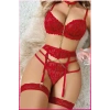 Under Moda Kırmızı Göğüs Balenli Dantelli Zincir Detaylı Seksi Jartiyer Takım