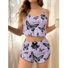 Under Moda Mor Renk Kelebek Desenli Şortlu Ev Giyim Takımı,Kadın Yazlık Askılı Pijama, Rahat ve Şık Ev Giyim