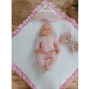 Yenidoğan Grand Lüks Kelebek Ağır Güpür İşlemeli Şapkalı Bebek Battaniyesi Kundak Pembe