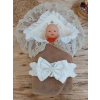 Yenidoğan Wool Yün Kumaş Taç Nakışlı Güpür Duvaklı Fiyonk Prizma Taş Unisex Kundak Bebek Battaniyesi Kahverengi