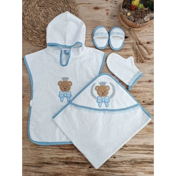 0-1 Yaş Bear Nakışlı Pareolu 4lü Erkek Bebek Havlu Silgi Takımı Mavi
