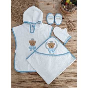 0,1 Yaş Bear Nakışlı Pareolu 4lü Erkek Bebek Havlu Silgi Takımı Mavi