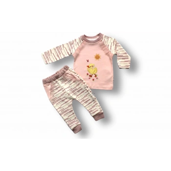 0,3 3,6 6,9 Ay Süslü Ördek Nakışlı Uzun Kollu Sweatli 2li Kız Bebek Takımı Pembe