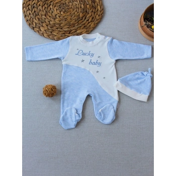 0-3 3-6 Ay Lucky Baby Nakışlı Es Çizgi Boy Şapkalı Erkek Bebek Tulumu Mavi