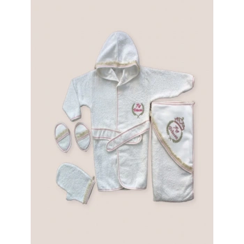 0-6 Ay Kaplan Nakışlı Bornozlu 5li Kız Bebek Havlu Silgi Takımı Pembe