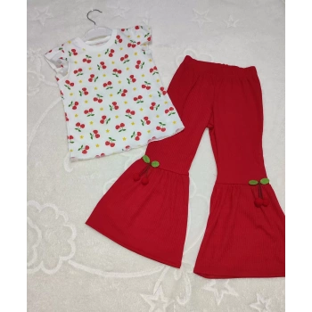 1,2,3,4 Yaş Kiraz Baskılı Tişört İspanyol Paçalı Likralı 2li Kız Çocuk Takımı Kırmızı