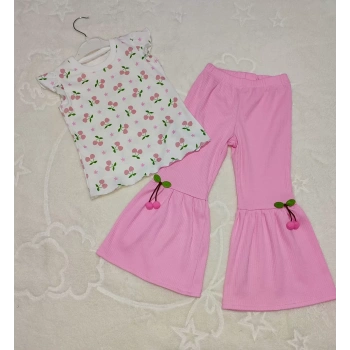1,2,3,4 Yaş Kiraz Baskılı Tişört İspanyol Paçalı Likralı 2li Kız Çocuk Takımı Pembe