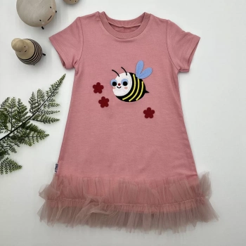 1,2,3 Yaş Arıcık Nakışlı Eteği Fırfırlı Jile Kız Çocuk Elbisesi Gül Kurusu