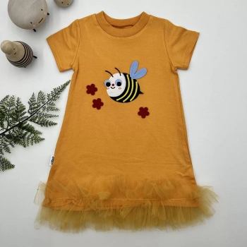 1,2,3 Yaş Arıcık Nakışlı Eteği Fırfırlı Jile Kız Çocuk Elbisesi Turuncu