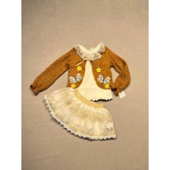 1,2,3 Yaş Brode Etekli Örme Hırkalı Uzun Kollu Sweat 3lü Kız Çocuk Takımı Hardal