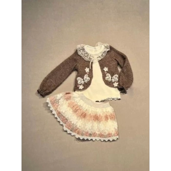 1,2,3 Yaş Brode Etekli Örme Hırkalı Uzun Kollu Sweat 3lü Kız Çocuk Takımı Kahverengi