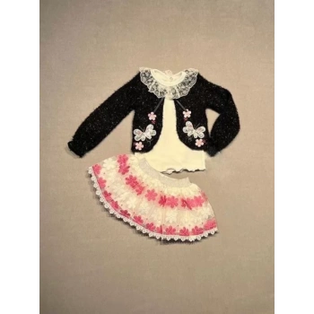 1,2,3 Yaş Brode Etekli Örme Hırkalı Uzun Kollu Sweat 3lü Kız Çocuk Takımı Siyah