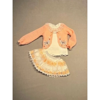 1,2,3 Yaş Brode Etekli Örme Hırkalı Uzun Kollu Sweat 3lü Kız Çocuk Takımı Somon