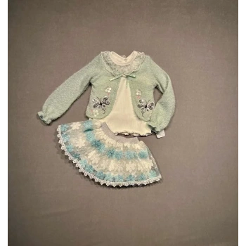 1-2-3 Yaş Brode Etekli Örme Hırkalı Uzun Kollu Sweat 3lü Kız Çocuk Takımı Su Yeşili