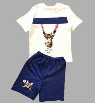 1,2,3 Yaş Fermuarlı Kedi Baskılı Şortlu Kısa Kollu Tişört 2li Erkek Bebek Takımı İndigo