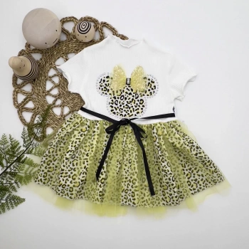 1,2,3 Yaş Fiyonklu Mickey Astarlı Etekli Kız Bebek Tütü Elbisesi Sarı,ekru