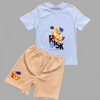 1,2,3 Yaş Kaykaycı Ayı Baskılı Şortlu Kısa Kollu Tişört 2li Erkek Bebek Takımı Mavi