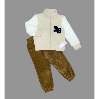 1,2,3 Yaş Kuzu Kumaş Fermuarlı Sweat Kadife Pantolonlu Uzun Kollu Kız Erkek Çocuk 2li Takım Bej