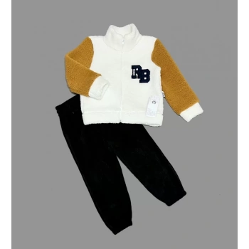 1,2,3 Yaş Kuzu Kumaş Fermuarlı Sweat Kadife Pantolonlu Uzun Kollu Kız Erkek Çocuk 2li Takım Siyah