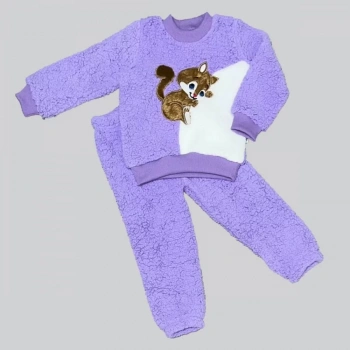 1,2,3 Yaş Masum Yavru Sincap Nakışlı Kuzu Kumaş Sweat Pantolon 2li Kız Erkek Bebek Takımı Lila