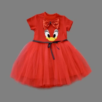 1,2,3 Yaş Payet Fiyonk Tokalı Ördek Nakışlı Astarlı Kız Bebek Tütü Elbisesi Kırmızı