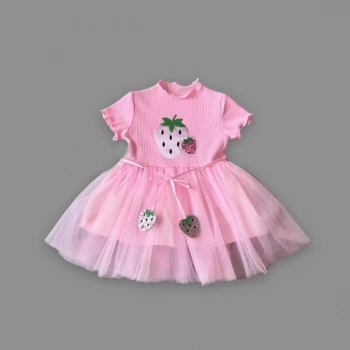 1,2,3 Yaş Payetli Çilek Baskılı Çilek Kuşaklı Kız Bebek Elbisesi Pembe