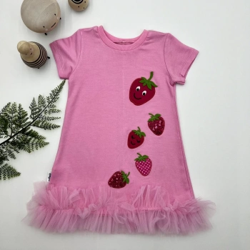 1,2,3 Yaş Payetli Çilekler Nakışlı Eteği Fırfırlı Jile Kız Çocuk Elbisesi Pembe