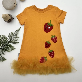 1,2,3 Yaş Payetli Çilekler Nakışlı Eteği Fırfırlı Jile Kız Çocuk Elbisesi Turuncu