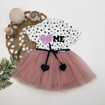 1,2,3 Yaş Payetli Kalp Me Baskılı Kız Bebek Elbisesi Gül Kurusu
