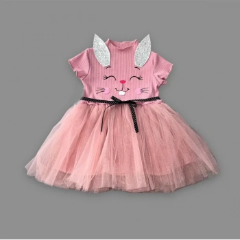 1,2,3 Yaş Payetli Kulak Tavşan Baskılı Kız Bebek Elbisesi Gül Kurusu